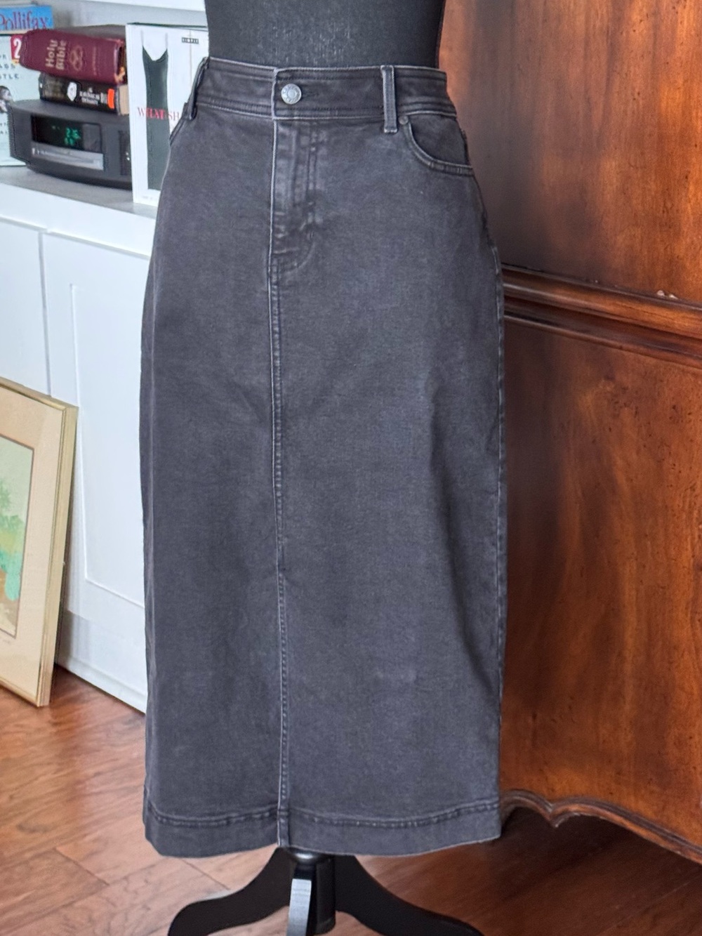 Talbots Dark Washed Charcoal High-Rise Midi Skirt